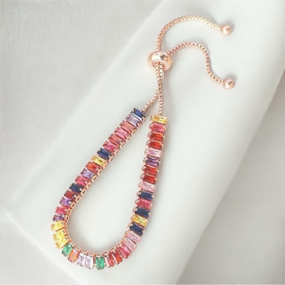 Multicolor Adjustable Tennis Bracelet. Gold w/adjustable slider-up to 10”! - Picture 2 of 14